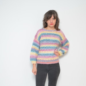 Pastel Rainbow Sweater / Vintage 90s Crochet Colorful Oversized Pullover Size Small image 1