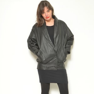 Veste en cuir vintage des années 80 - Blazer boutonné chauve-souris - Taille S/XS