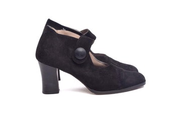 Vintage 90s Black Suede Mary Jane Pumps - Chunky Heel Size 38 EU