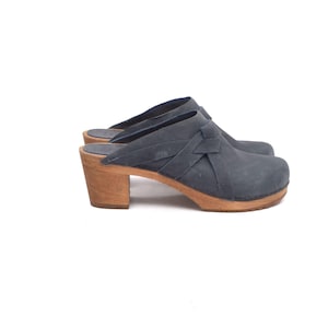 Vintage 90&#39;s Danish Blue Leather Clogs with Wood and Rubber Soles