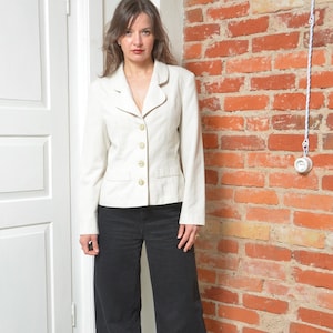 Vintage 90s Linen Blend Checkered Blazer – White & Beige Button-Up Jacket – Size Medium