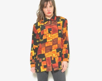 Vintage 80s Abstract Print Blouse - Geometric Colorful Button Shirt - Size M