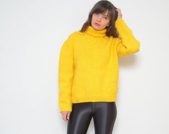 Turtleneck Chunky Sweater / Vintage 90s High Neck Lemon Yellow Oversized Knit Pullover - Size Medium