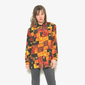 Vintage 80s Abstract Print Blouse - Geometric Colorful Button Shirt - Size M