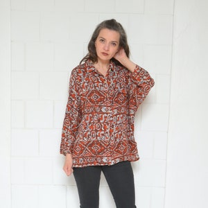 Batwing Abstract Print Blouse / Vintage 80s Long Sleeve Button Colorful Shirt - Size Large