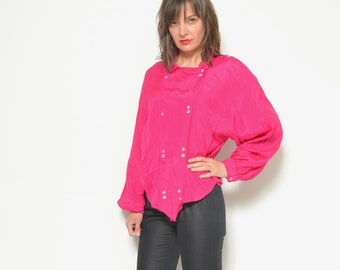 Vintage 80s Viscose Blouse – Glossy Pink Puff Sleeve Top, Size Large