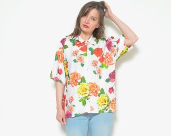 Floral Print Blouse/ Vintage90s Collared Short Sleeve Rose Top Size Medium