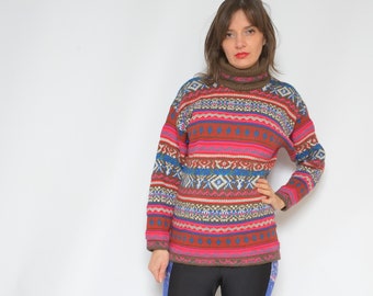 Colorful Wool Sweater / Vintage 90s High Neck Multi Color Winter Long Sleeve Geometric Pullover - Size Small