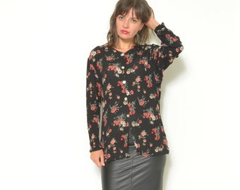 Blusa de viscosa con estampado floral de los 90: Camisa vintage de manga larga con botones (talla mediana)