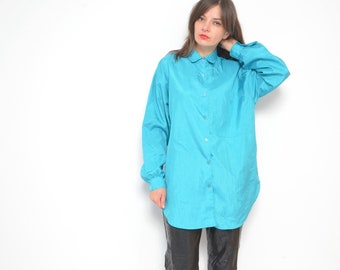 Satin Oversized Blouse / Vintage 80's Glossy Long Sleeve Front Pockets Shirt - Size Medium/Large