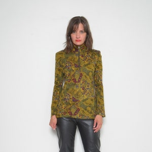 80s Abstract Print High Neck Blouse / Vintage 1980s Zipper Neck Baroque Pattern Multi Color Top / Long Sleeve Shirt - Size Small Medium