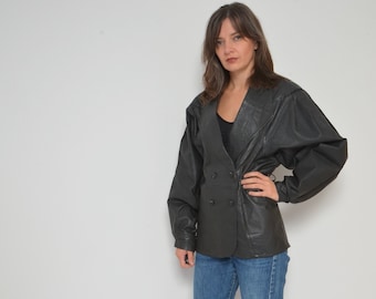 Big Sleeve Real Leather Jacket / Vintage 80s Puffy Sleeve Button Genuine Leather Short Coat - Size Medium