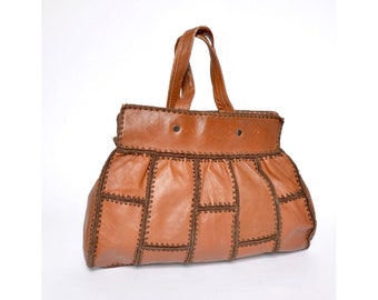 Vintage Brown Patchwork Knit Real Leather Handbag / Shoulder Bag