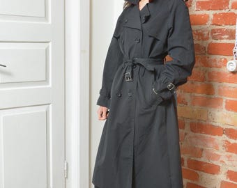 Vintage Black Trench Coat: Red Lining, Belted, 80s Classic Fit (Large)