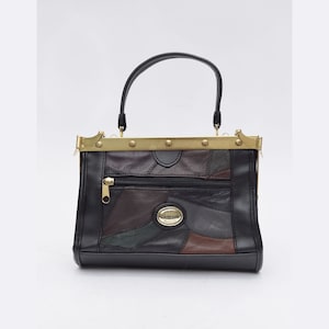 Vintage 90&#39;s Black and Brown Multi-Color Patchwork Mini Handbag Purse with Metal Clasps