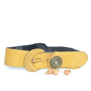 Vintage 80s Suede Leather Wide Belt / Large Buckle Leather Belt with Bronze Round Detail and Beads / Bohemian Festival Wear 07 20