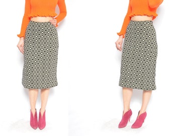 Knit Skirt / Vintage 70s Geometric Pattern Midi Long High Waist Winter Skirt - Size Extra Small