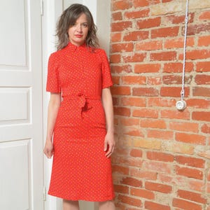 Vintage 80s Bright Red Polka Dot Midi Dress – Button-Up, Collared, Belted – Size XS