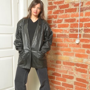 Vintage 80s Oversized Real Leather Blazer – Big Sleeves, Single Button Jacket – Size Medium