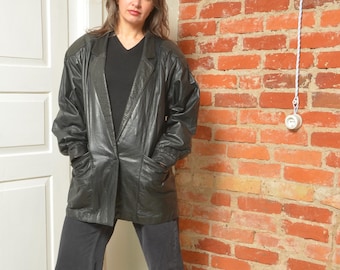 Vintage oversized echtleren blazer uit de jaren 80 – grote mouwen, jasje met enkele knoop – maat medium