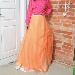 Vintage Sheer Orange Layered Evening Skirt – Embroidered Floral Detail – Size Small