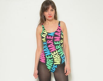 Traje de baño de una pieza / Traje de baño vintage de los años 90 con estampado colorido - Talla mediana