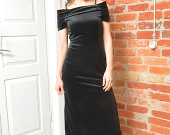Vintage 90s Off-the-Shoulder Black Velvet Dress – Size XS/S