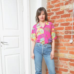 Vintage 90s Geometric Abstract Colorful Button Blouse / Size Small