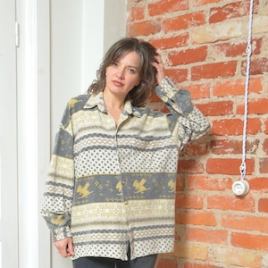 Vintage 90s Abstract Winter Skiing Bunny Geometric Print Button Oversized  Shirt Blouse Size XL
