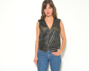 80s Vintage Black Leather Biker Vest: Embroidered Motorcycle Vest - Size Small