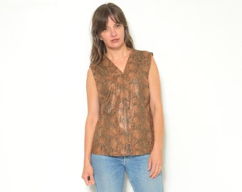 90s Snake Skin Vest Vintage 1990s Reptile Print Zipper Sleeveless Top - Size Medium