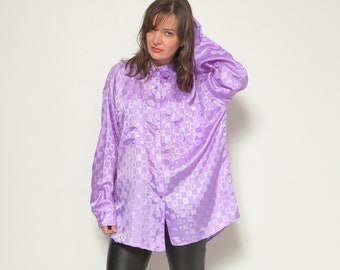 Satin Oversized Blouse / Vintage 80's Floral Pattern Long Sleeve Button Loose Fit Shirt - Size L XL