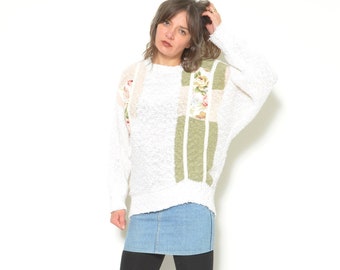 80s Color Blocking Sweater / Vintage 1980s Floral Appliqué Oversized Multi Color Pullover - Size Medium
