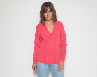 Angora Wool Cardigan / Vintage 80s Bright Pink Button Sweater - Size Small