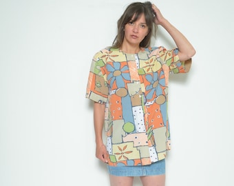 Blusa vintage con estampado floral de los años 80: Top abstracto en tonos pastel, talla grande