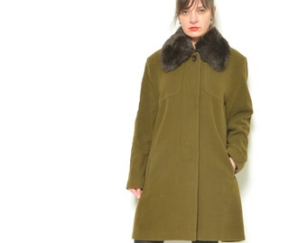 Manteau en laine avec col en fourrure - Boutonnage ample vintage des années 80, vert olive - Taille L