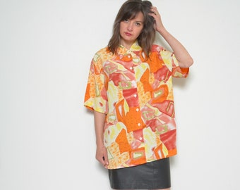 Colorful Print Shirt / Vintage 80s Abstract  Print Short Sleeve Multi Color Oversized Blouse / Summer Top - Size Medium