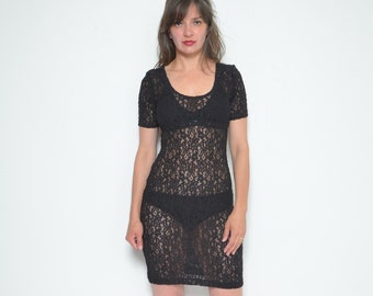 Lace Sheer Dress / Vintage 90s Shot Sleeve Tight Mini Dress  Dress - Size Small