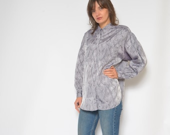 Big Sleeve Satin Blouse / Vintage 80s Abstract Pattern Button Oversized Gray Silver Shirt / Front Pocket Top - Size Large