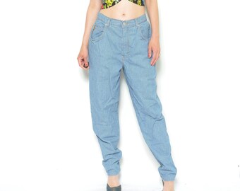 Calça jeans vintage listrada e afunilada dos anos 80 - tamanho GG