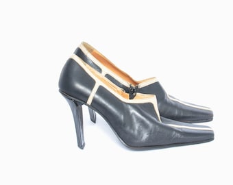 Vintage 90s Leather Ankle Booties: Italian Pointy Square Toe Heels