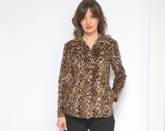 Leopard Faux Fur Blazer / Vintage 90's Button Animal Print Fake Fur Jacket - Size Medium