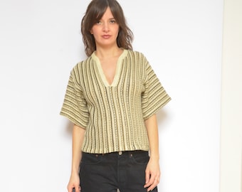 Striped Short Sleeve Sweater / Vintage 80's Wide Sleeve Deep V-Neck Knit Top - Size Small
