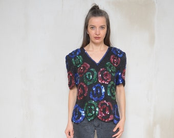 Silk Sequin Blouse / Vintage 80s Short Sleeve Bead Embroidered Floral Pattern Shiny Top - Size Large