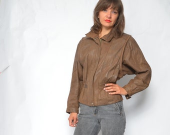 Braune Echtlederjacke /Vintage 90er Jahre Reißverschluss Taille Big Sleeve Jacke - Größe Klein