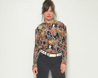 Vintage 80-tals Daniel Duval abstrakt blommig blus - långärmad krage med knappar - storlek Medium