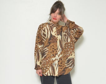 Leopard Animal PrintBlouse /Vintage 90's Buttoned See Long Sleeve Top  - Size Large