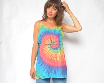 Vintage 90s Tie Dye Tank Top: Rainbow Sleeveless Shirt, XL