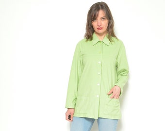 Vintage 90s Collared Pocket Shirt - Soft Material Loose Fit Lime Green - Size S M