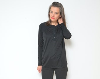 Vintage zwarte blouse uit de jaren 80: Pariken Paris-top met lange mouwen (S/M)